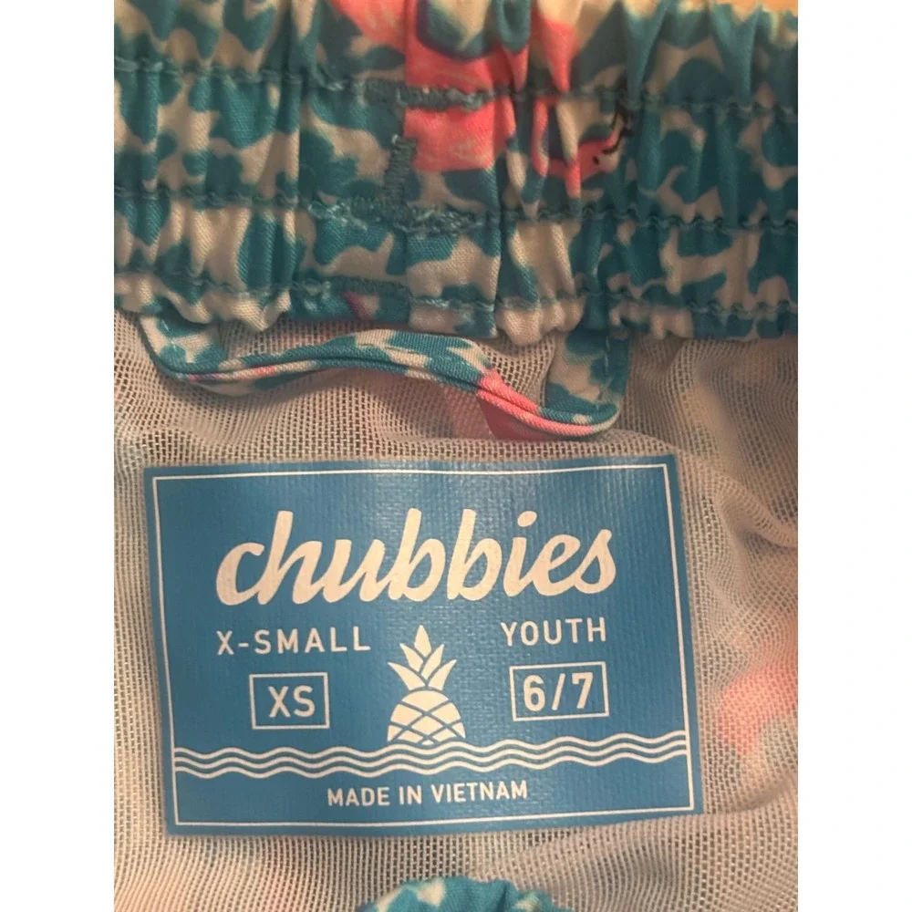 Chubbies Youth Boys Swim Trunks Pink Flamingo Teal Blue Mesh Lined Shorts XS 6/7